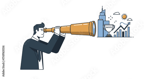 Business Vision: A Businessman Observing A Bright Future Through His Telescope