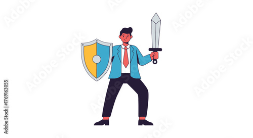 Business Warrior Standing Ready to Confront Challenges and Safeguard Success