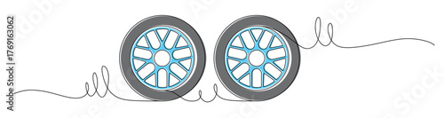 Continuous line art of two cool car tire with curved and twisting lines. Vector illustration with attractive colors.