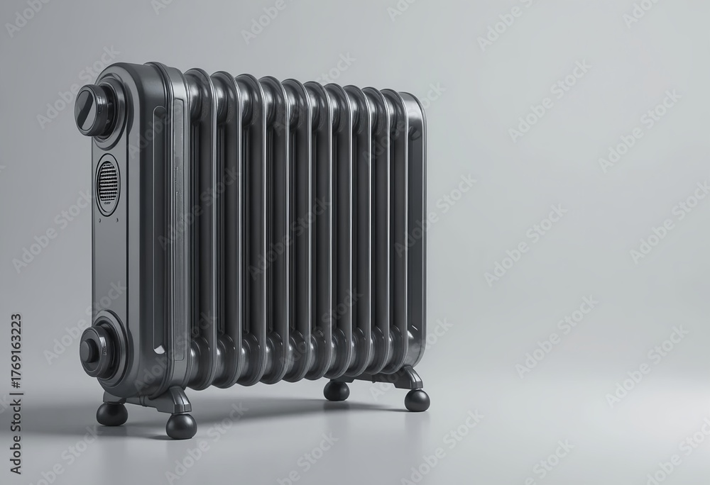 Fototapeta premium Studio shot of oil-filled radiator heater, isolated on light gray background, sharp focus, clear reflection on surface. Mockup style.