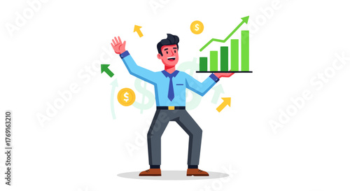 Businessman Celebrates Financial Growth With Chart And Dollar Symbols on Black Background