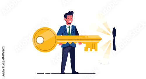 Businessman Holds A Golden Key, Illustrating Opportunity And Unlocking Secrets Successfully
