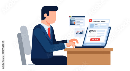 Businessman Working Online With Laptop Paying Taxes and Managing Finances Efficiently