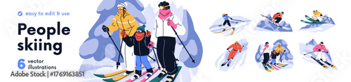 People skiing at ski resort set. Extreme sport, freeride, jumping on snowy winter holiday outdoors. Skiers sliding downhill, down slope. Flat graphic vector illustration isolated on white background