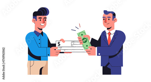 Business Deal Illustration: Two Figures Exchanging Currency Representing Financial Transactions
