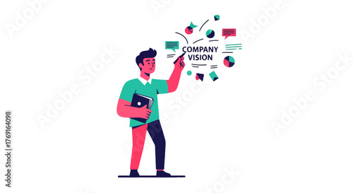 Business Leader Presenting Company Vision with Innovative Charts and Graphs on Black Background