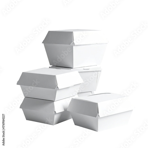 Stack of white styrofoam take-out containers, against black