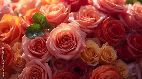 Close-up of a beautiful bouquet of vibrant pink and orange roses, bathed in soft sunlight, evoking feelings of love and romance