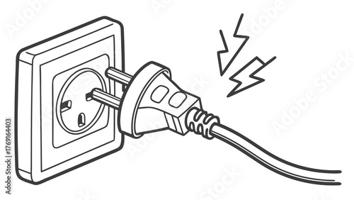 Dynamic electrical plug connecting to wall socket with sparking energy symbols conveying power and connection