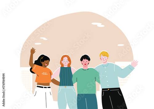 留学先の友達と肩を組む日本人男子学生