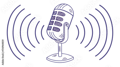 Vintage microphone broadcasting sound waves conveying audio signals for podcasts, broadcasts, or music creation