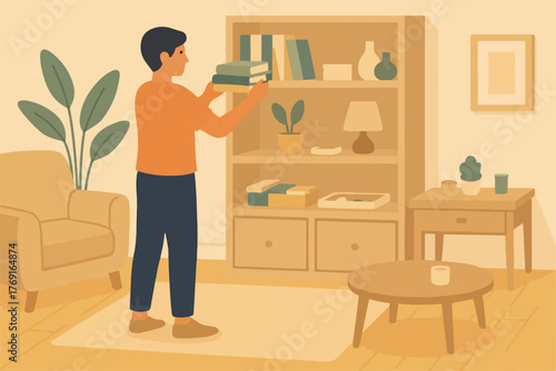 a man is arranging books on a bookshelf