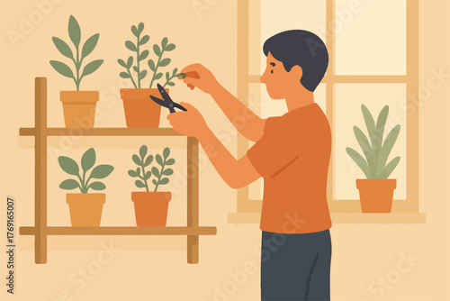 young man watering plants