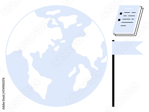 Globe with continents beside flagpole holding papers, symbolizing global recognition, achievement, and documentation. Ideal for success, leadership, globalization, goals, strategy diplomacy simple