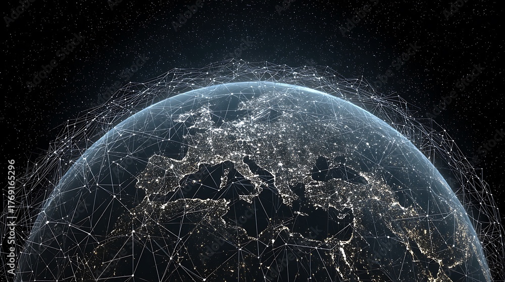 Obraz premium Earth from space covered in satellite debris and city lights.