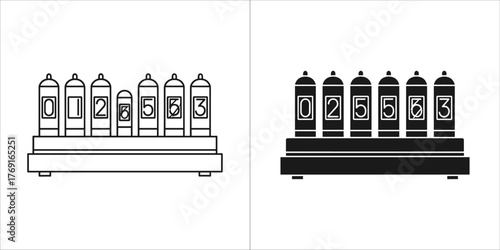 Nixie tube clock display, line art and silhouette