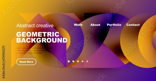 Abstract website design features vibrant geometric shapes, gradients. Text elements include headings, body copy, navigation options, button.