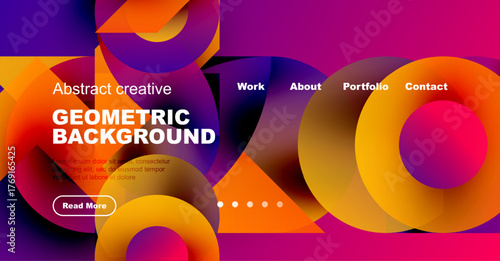 Vibrant geometric shapes, orange, purple hues dominate design. Website header includes navigation options, text content.