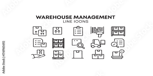 Print  Warehouse Management Line Icons — storage, inventory, barcode scanning, pallet and forklift icons vector