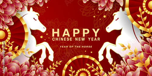 Happy Chinese New Year 2026. Year Of The Horse. White Horse, flower and more. Suitable for posters, banners and social media. Red background.