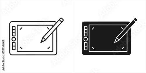 Outline and filled black graphic of a drawing tablet and stylus