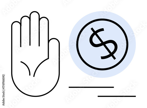 Outstretched hand halting dollar sign inside blue circle, representing financial control, ethical spending. Ideal for finance management, budgeting, ethical business, rejection, stopping power