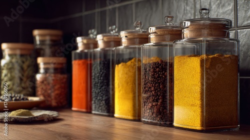 Fototapeta Naklejka Na Ścianę i Meble -  Scandinavian interior with Indian spice jars as color accents
