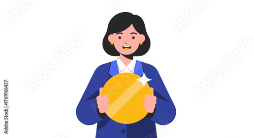 Businesswoman Holding A Gold Coin Representing Success and Financial Wealth
