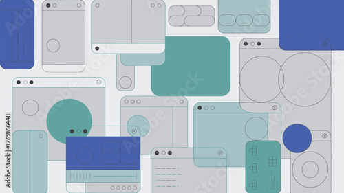 Abstract composition of various user interface elements in shades of blue and gray on a white background