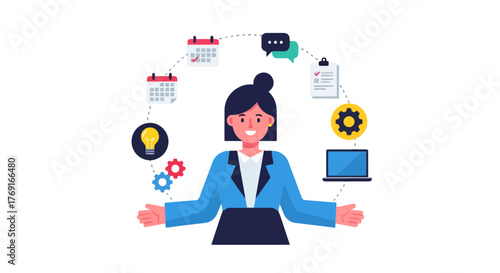 Businesswoman Juggling Work Elements and Schedules Successfully Demonstrating Organization