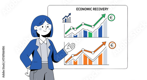 Businesswoman Explaining Economic Growth Visuals Illustrating Market Recovery and Financial Rise