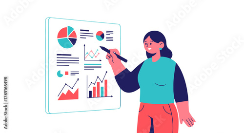 Businesswoman Presenting Data Analysis On Whiteboard With Charts and Graphs.