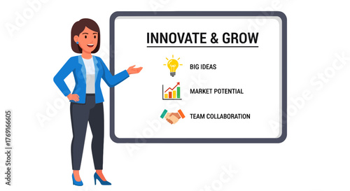 Businesswoman Presenting Innovate And Grow Concept On Whiteboard To Boost Development And Expansion