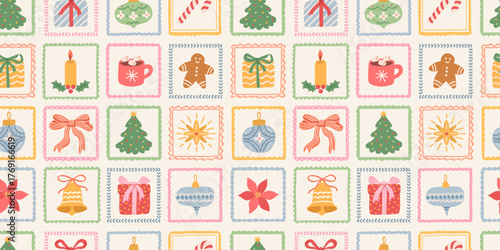 Christmas cute seamless pattern. Hand drawn Xmas tree, gifts, bows, candy cane, baubles, gingerbread in decoration frames. Holiday vintage mosaic background, vintage patchwork, Xmas wrapping paper. 