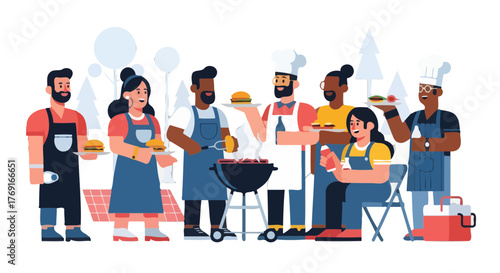 Community Gathering Around A Grill Preparing And Serving Delicious Burgers Illustration