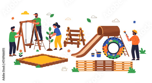 Community Park Construction: Illustrative Depiction Of Playground Assembly And Planting