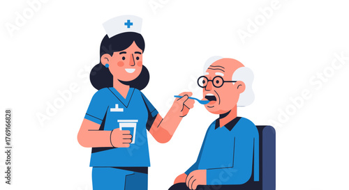 Caring Nurse Spoon-Feeding an Elderly Patient in a Medical and Healthcare Setting