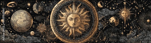 Drawing of golden stars moon planets constellations on black concept. Celestial artwork depicting sun, planets, and stars in space.