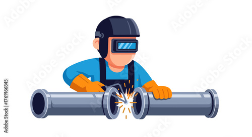 Cartoon Artisan: Welding Pipes Together While Wearing Protective Gear Against Dark Background