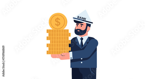 Cartoon Banker Holding Stacks Of Gold Coins Against a Black Background Graphic
