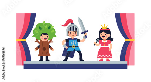 Cartoon Characters Performing On Stage Depicting a Knight, A Tree, and A Princess