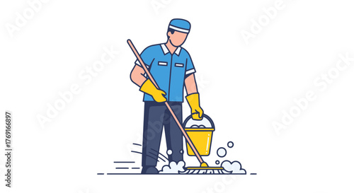Cartoon Cleaner Sanitizing Surface With Mop And Bucket On A Black Background
