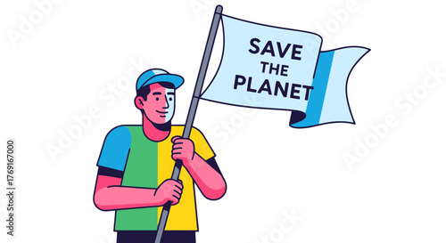 Cartoon Illustration Of A Person Holding A Flag With Message Regarding Earth Preservation
