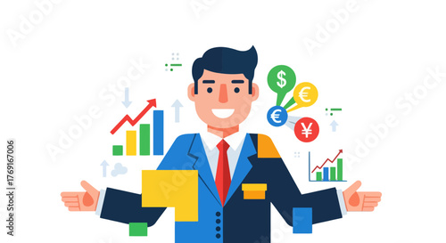 Confident Investor Presenting Financial Data and Global Currency Exchange Information