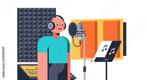 Cartoon Illustration Of A Person Singing Into A Microphone In A Soundproof Studio