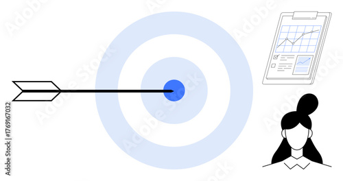 Arrow hitting bullseye, analytics clipboard, person with high bun. Ideal for strategy, business goals, planning, accuracy, self-improvement vision growth. Simple flat metaphor