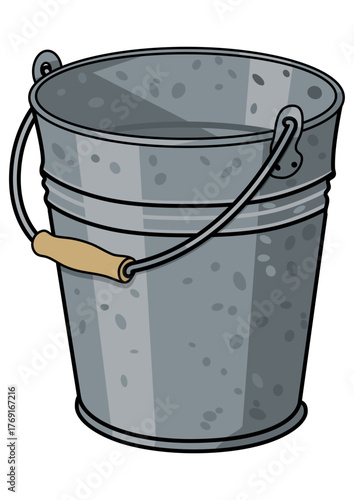 A gray galvanized metal bucket filled for household needs. Traditional container for household.