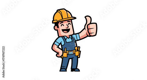 Construction Worker Giving Thumbs Up: Positive Feedback and Approval Symbol, Vector Illustration