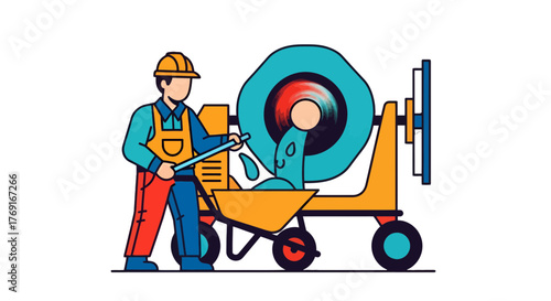 Construction Worker Near Cement Mixer, Illustration Of An Construction Work, In Industry