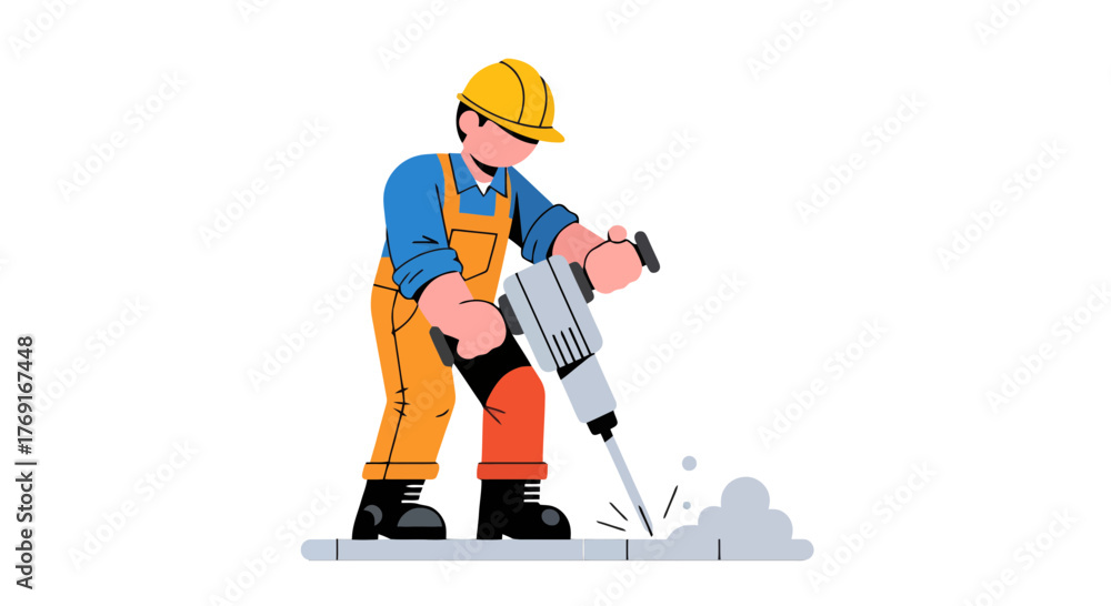 Fototapeta premium Construction Worker Using a Jackhammer with a Yellow Hard Hat on Black Background
